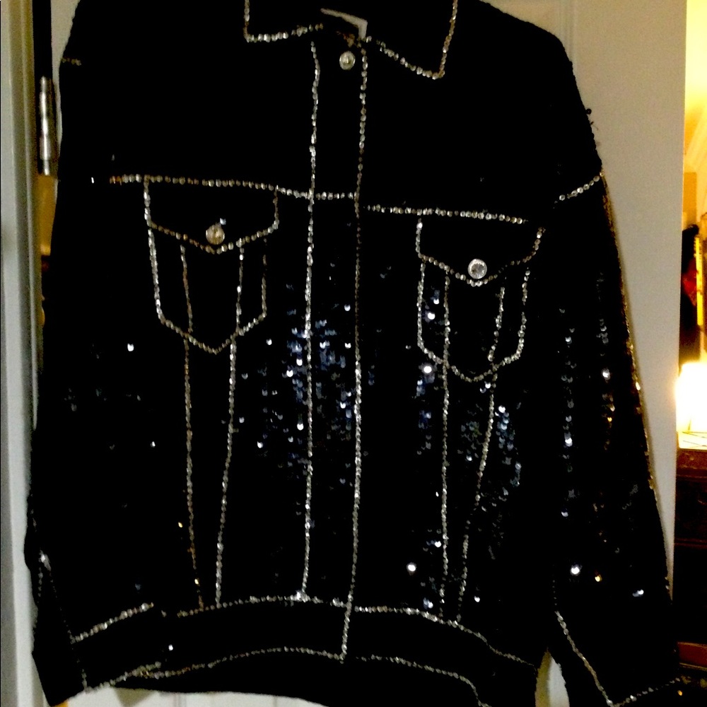 Black Jean jacket style glittery jacket, size L-XL